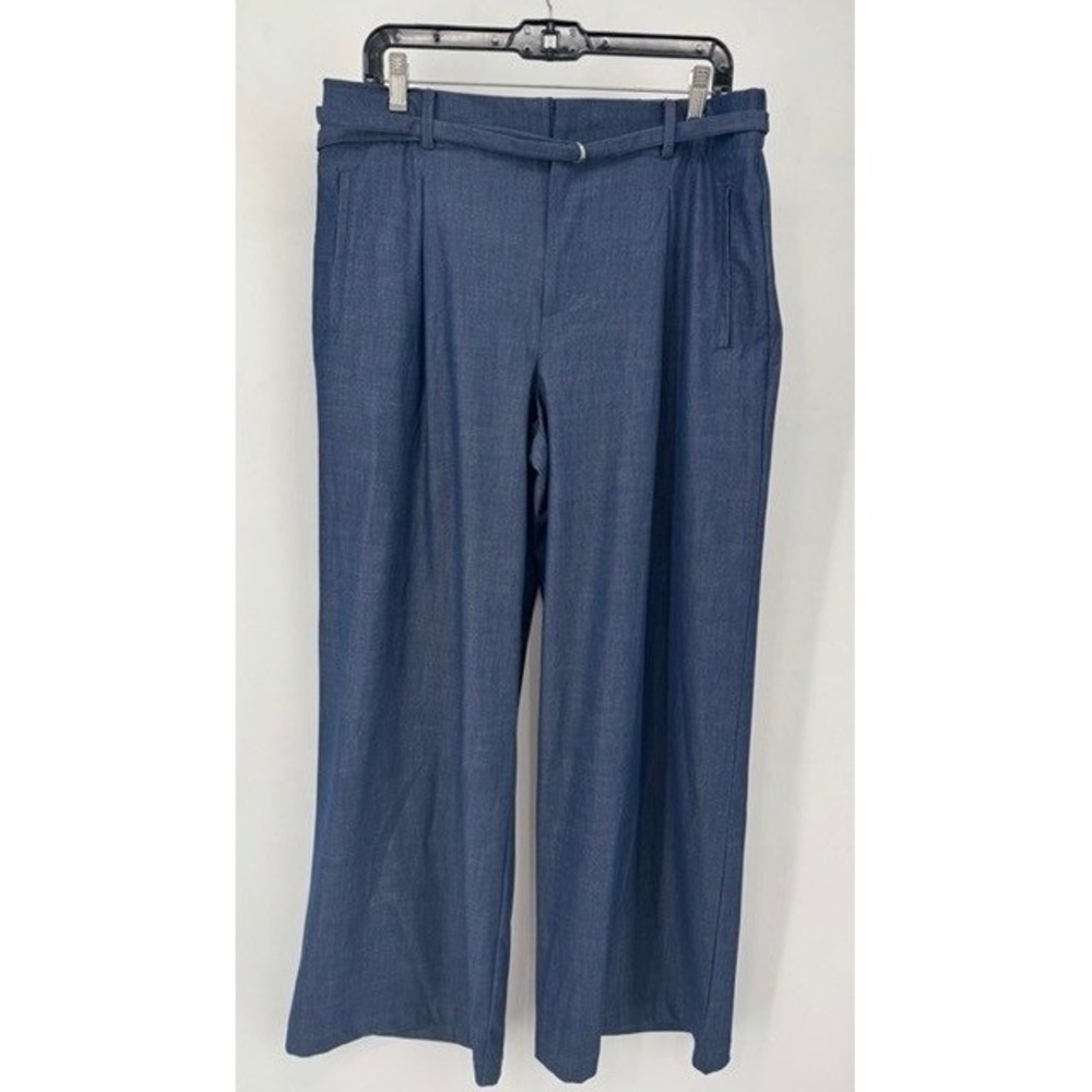 Zara Womens Blue Wide Leg Pleated Belted Pants XL Minimalist Office Chic